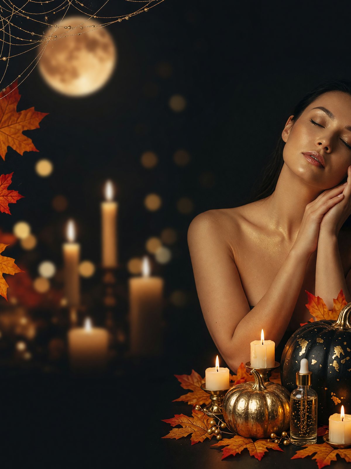 Woman with glowing skin among candles and gold pumpkins
